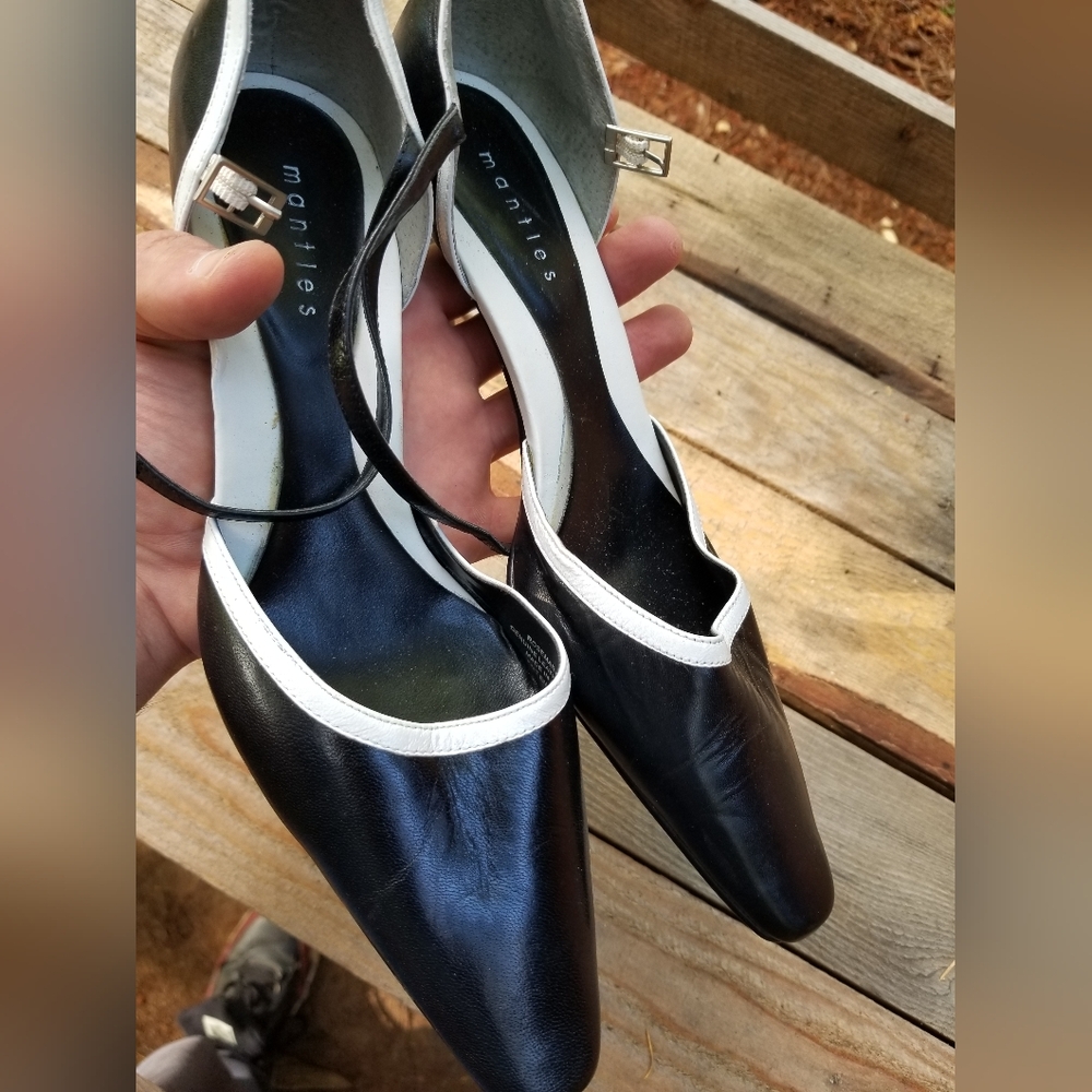 Size 8 Mantles Rosemary High Heel Straps Shoes Black White Leather Pointed Toe